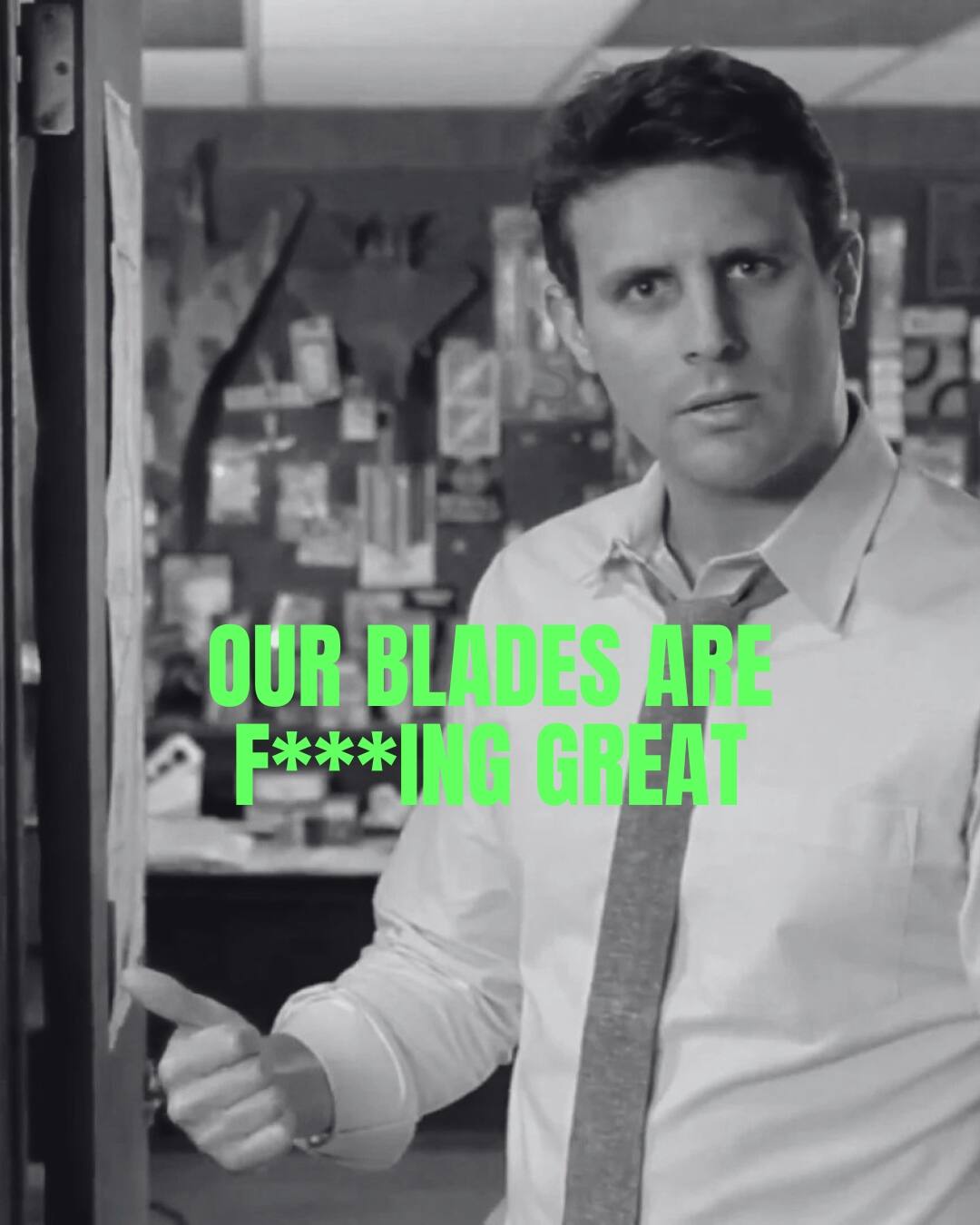 Dollar Shave Club's viral ad with 'OUR BLADES ARE F***ING GREAT' text.