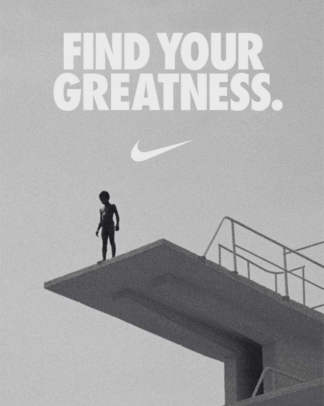 A young boy standing on a high dive platform with 'FIND YOUR GREATNESS' text.